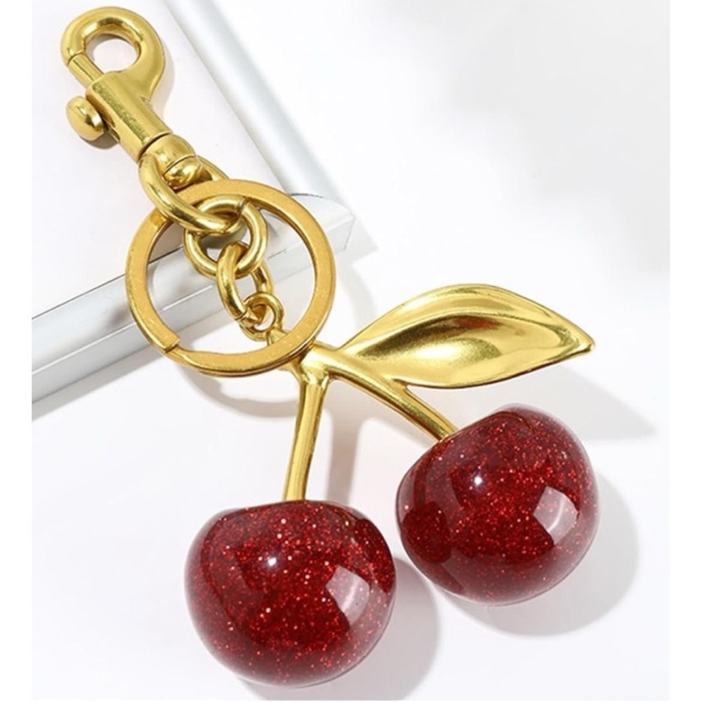 🍒NEW Cherry Bag Charm/ Keychain Sparkly Red & Gold Cherries